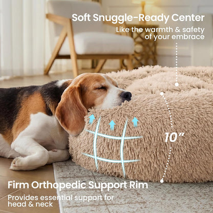 Calming Washable Dog Beds Large Sized Dog, 36Inch Donut Large Dog Bed with Removable Cover, Anti-Slip Round Fluffy Faux Fur Bed, Fits up to 80 lbs Pets, Dark Grey