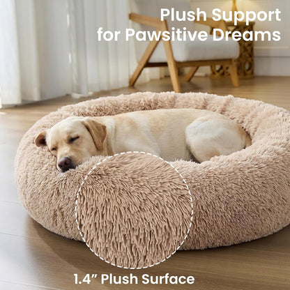 Calming Washable Dog Beds Large Sized Dog, 36Inch Donut Large Dog Bed with Removable Cover, Anti-Slip Round Fluffy Faux Fur Bed, Fits up to 80 lbs Pets, Dark Grey