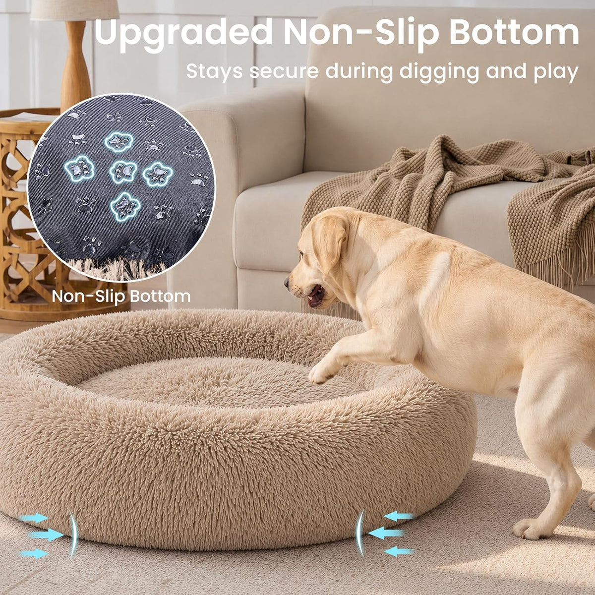 Calming Washable Dog Beds Large Sized Dog, 36Inch Donut Large Dog Bed with Removable Cover, Anti-Slip Round Fluffy Faux Fur Bed, Fits up to 80 lbs Pets, Dark Grey