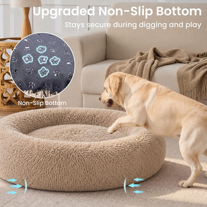 Calming Washable Dog Beds Large Sized Dog, 36Inch Donut Large Dog Bed with Removable Cover, Anti-Slip Round Fluffy Faux Fur Bed, Fits up to 80 lbs Pets, Dark Grey
