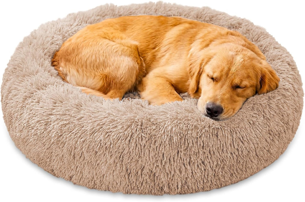 Calming Washable Dog Beds Large Sized Dog, 36Inch Donut Large Dog Bed with Removable Cover, Anti-Slip Round Fluffy Faux Fur Bed, Fits up to 80 lbs Pets, Dark Grey