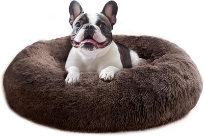Calming Washable Dog Beds Large Sized Dog, 36Inch Donut Large Dog Bed with Removable Cover, Anti-Slip Round Fluffy Faux Fur Bed, Fits up to 80 lbs Pets, Dark Grey