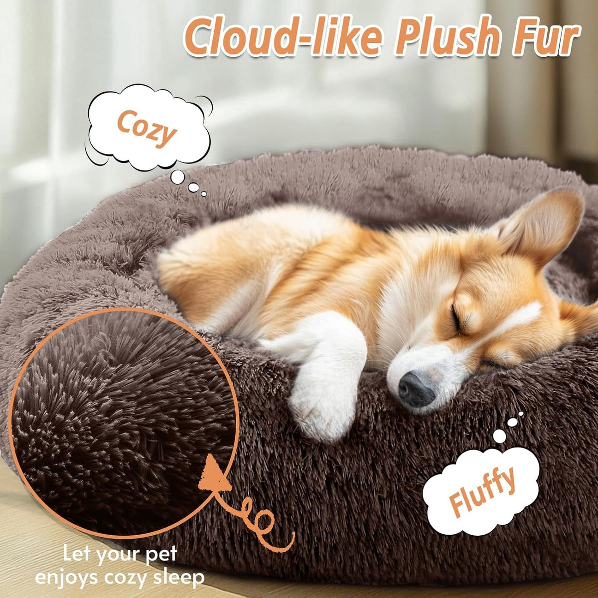 Calming Washable Dog Beds Large Sized Dog, 36Inch Donut Large Dog Bed with Removable Cover, Anti-Slip Round Fluffy Faux Fur Bed, Fits up to 80 lbs Pets, Dark Grey