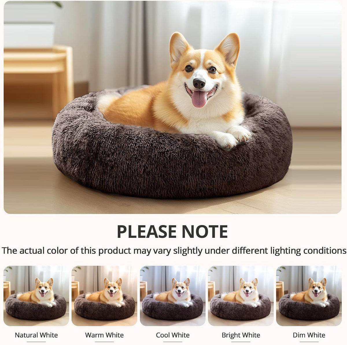 Calming Washable Dog Beds Large Sized Dog, 36Inch Donut Large Dog Bed with Removable Cover, Anti-Slip Round Fluffy Faux Fur Bed, Fits up to 80 lbs Pets, Dark Grey