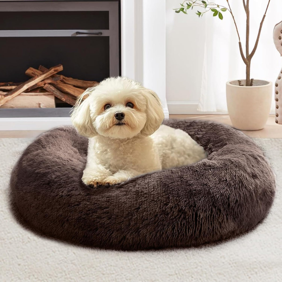 Calming Washable Dog Beds Large Sized Dog, 36Inch Donut Large Dog Bed with Removable Cover, Anti-Slip Round Fluffy Faux Fur Bed, Fits up to 80 lbs Pets, Dark Grey
