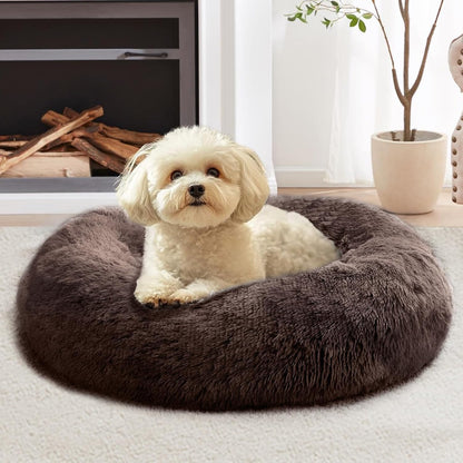 Calming Washable Dog Beds Large Sized Dog, 36Inch Donut Large Dog Bed with Removable Cover, Anti-Slip Round Fluffy Faux Fur Bed, Fits up to 80 lbs Pets, Dark Grey