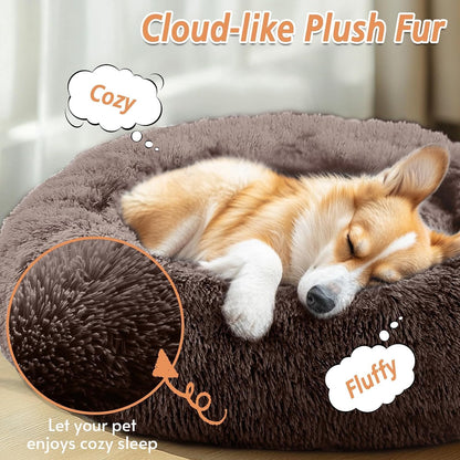 Calming Washable Dog Beds Large Sized Dog, 36Inch Donut Large Dog Bed with Removable Cover, Anti-Slip Round Fluffy Faux Fur Bed, Fits up to 80 lbs Pets, Dark Grey