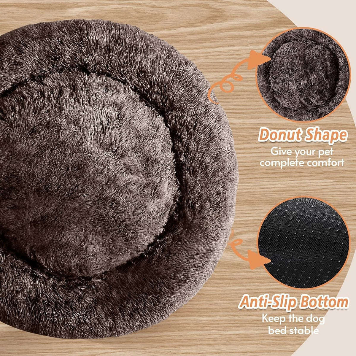 Calming Washable Dog Beds Large Sized Dog, 36Inch Donut Large Dog Bed with Removable Cover, Anti-Slip Round Fluffy Faux Fur Bed, Fits up to 80 lbs Pets, Dark Grey