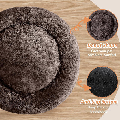 Calming Washable Dog Beds Large Sized Dog, 36Inch Donut Large Dog Bed with Removable Cover, Anti-Slip Round Fluffy Faux Fur Bed, Fits up to 80 lbs Pets, Dark Grey