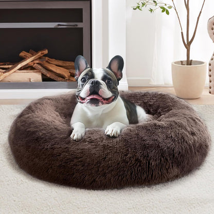 Calming Washable Dog Beds Large Sized Dog, 36Inch Donut Large Dog Bed with Removable Cover, Anti-Slip Round Fluffy Faux Fur Bed, Fits up to 80 lbs Pets, Dark Grey