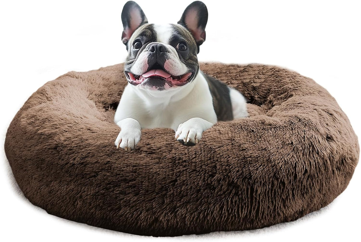 Calming Washable Dog Beds Large Sized Dog, 36Inch Donut Large Dog Bed with Removable Cover, Anti-Slip Round Fluffy Faux Fur Bed, Fits up to 80 lbs Pets, Dark Grey
