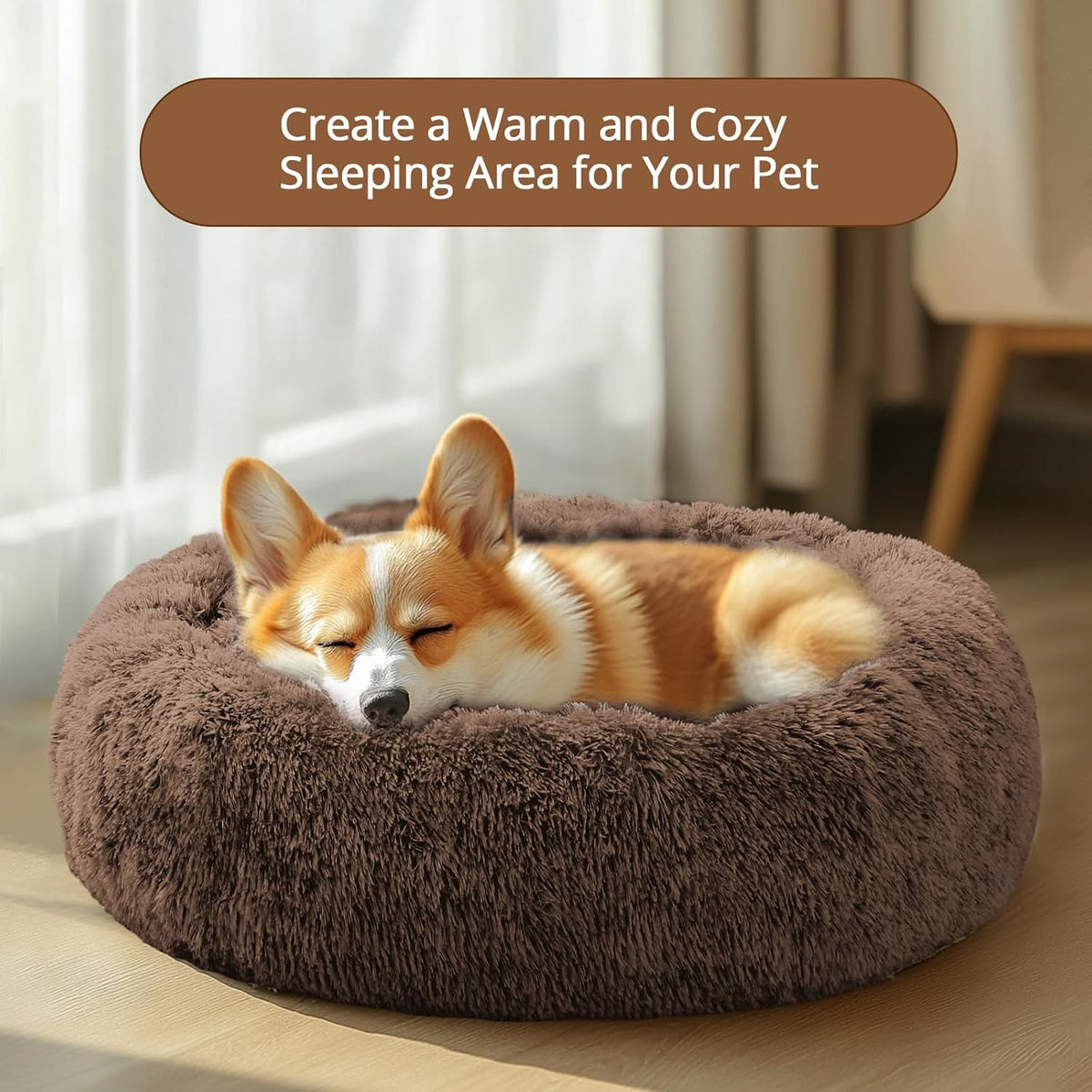 Calming Washable Dog Beds Large Sized Dog, 36Inch Donut Large Dog Bed with Removable Cover, Anti-Slip Round Fluffy Faux Fur Bed, Fits up to 80 lbs Pets, Dark Grey