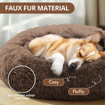 Calming Washable Dog Beds Large Sized Dog, 36Inch Donut Large Dog Bed with Removable Cover, Anti-Slip Round Fluffy Faux Fur Bed, Fits up to 80 lbs Pets, Dark Grey