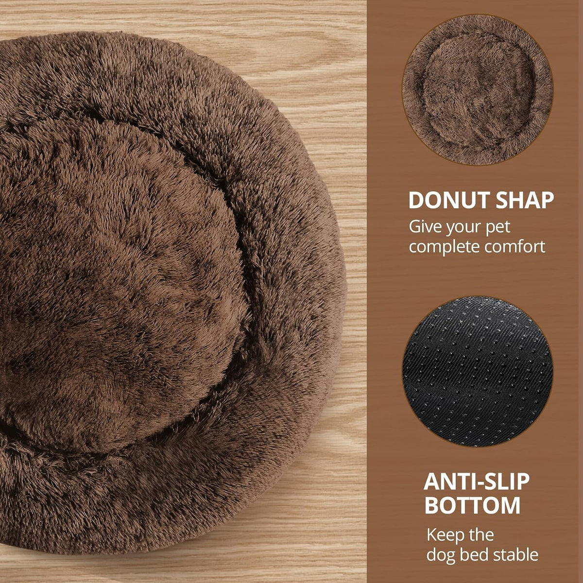 Calming Washable Dog Beds Large Sized Dog, 36Inch Donut Large Dog Bed with Removable Cover, Anti-Slip Round Fluffy Faux Fur Bed, Fits up to 80 lbs Pets, Dark Grey