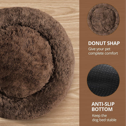 Calming Washable Dog Beds Large Sized Dog, 36Inch Donut Large Dog Bed with Removable Cover, Anti-Slip Round Fluffy Faux Fur Bed, Fits up to 80 lbs Pets, Dark Grey