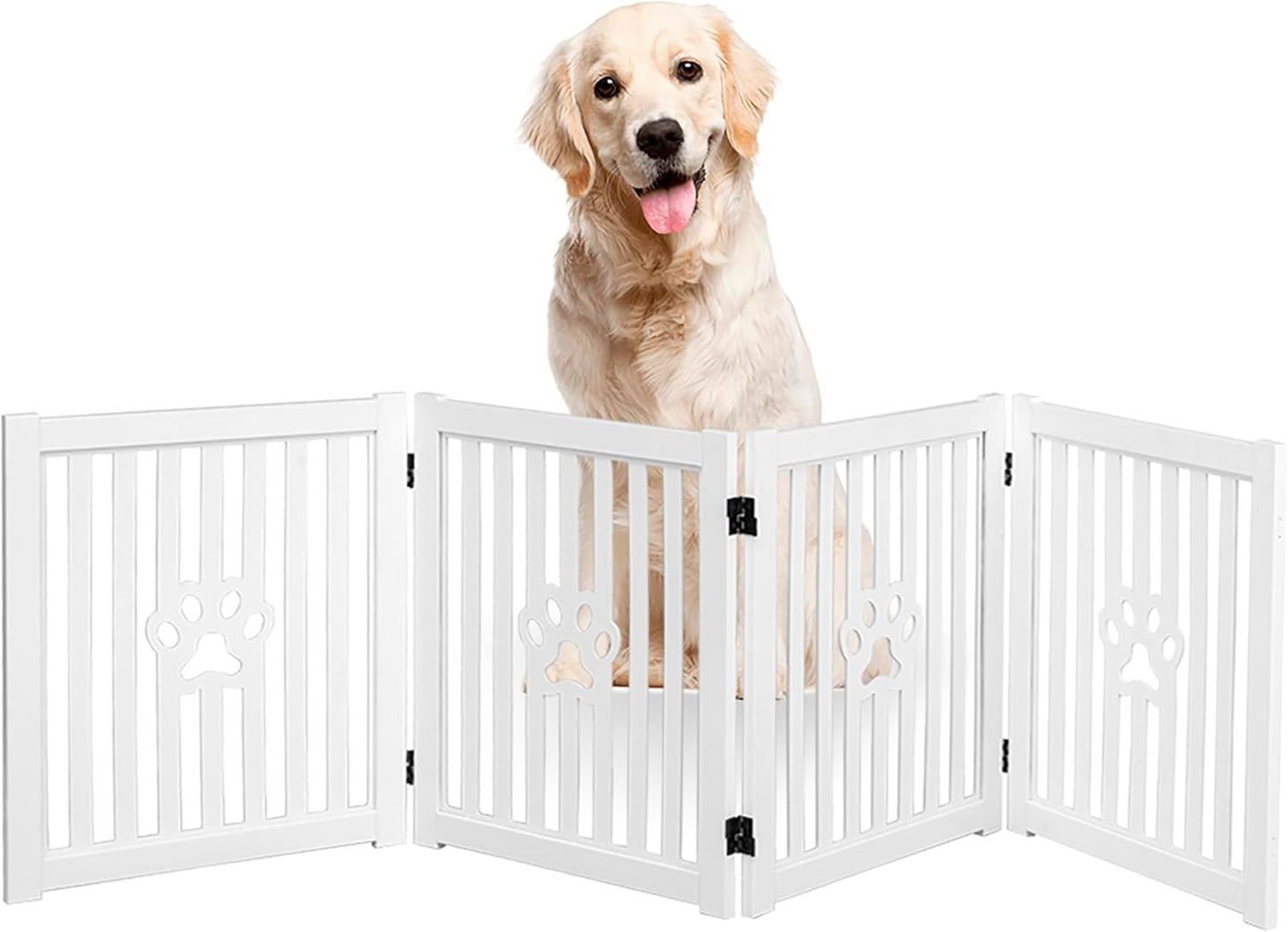 Pet Gate, Wooden Free Standing Dog Gate for Small Dogs and Cats. Great Folding Fence for Doorways, Halls, Stairs. White