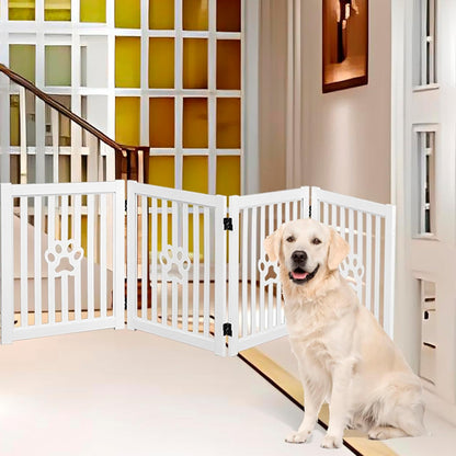 Pet Gate, Wooden Free Standing Dog Gate for Small Dogs and Cats. Great Folding Fence for Doorways, Halls, Stairs. White