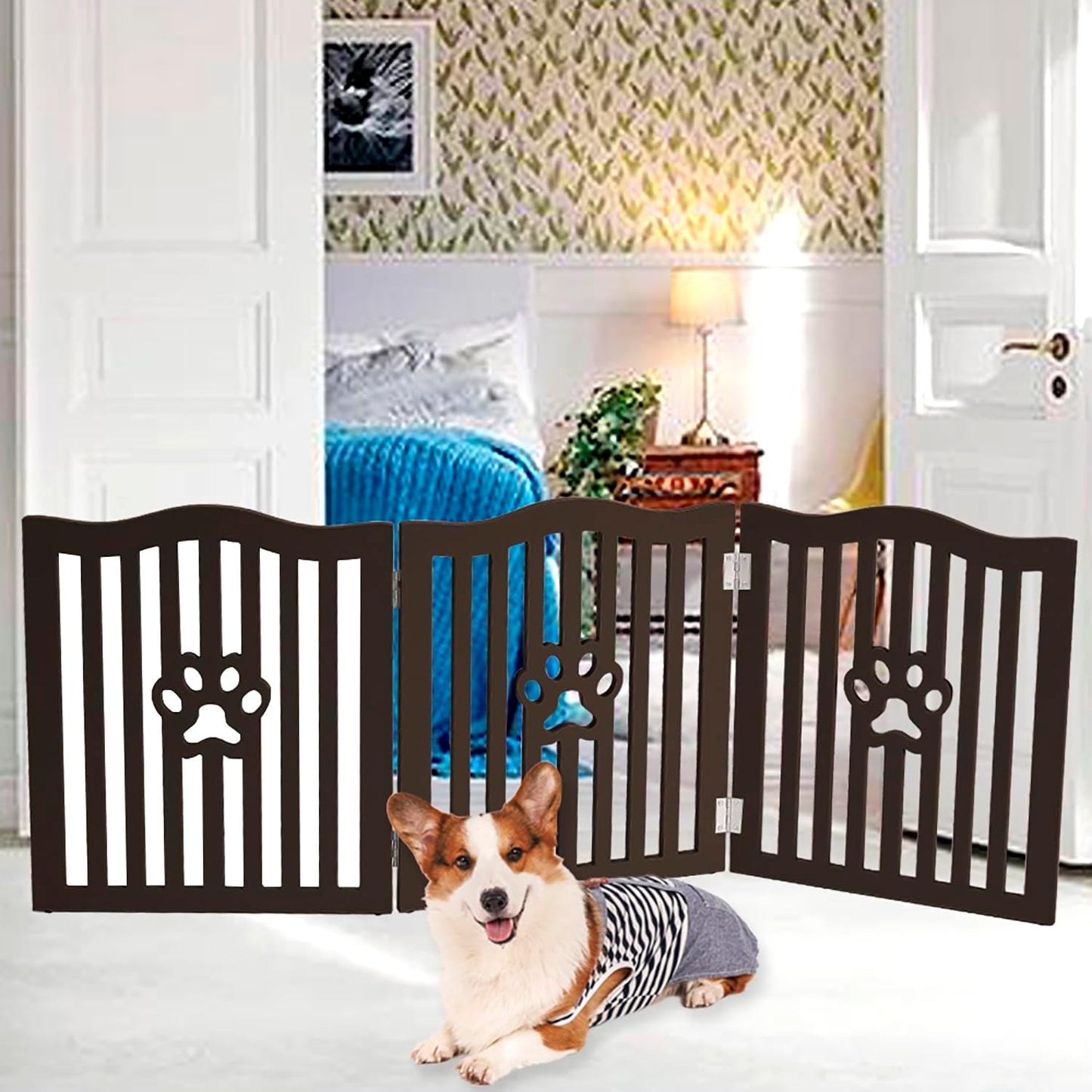 Pet Gate, Wooden Free Standing Dog Gate for Small Dogs and Cats. Great Folding Fence for Doorways, Halls, Stairs. White