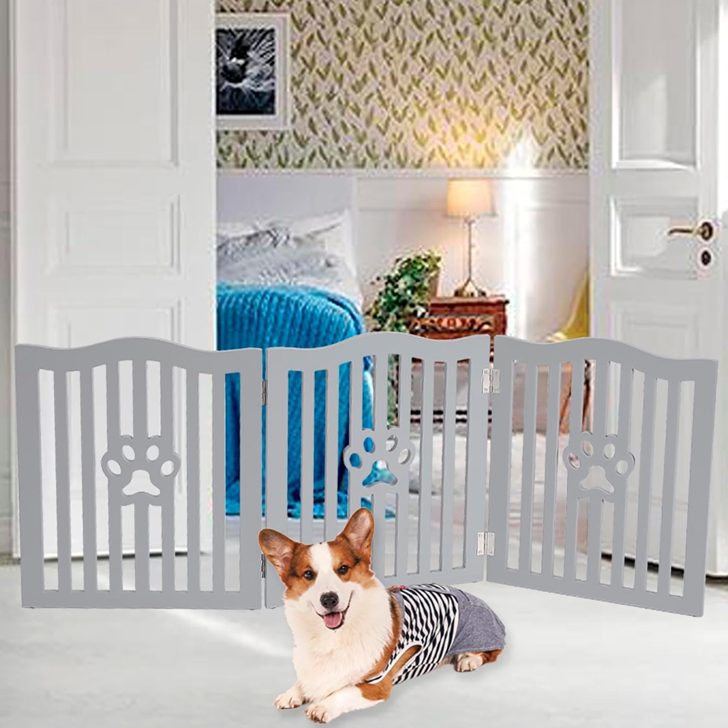 Pet Gate, Wooden Free Standing Dog Gate for Small Dogs and Cats. Great Folding Fence for Doorways, Halls, Stairs. White