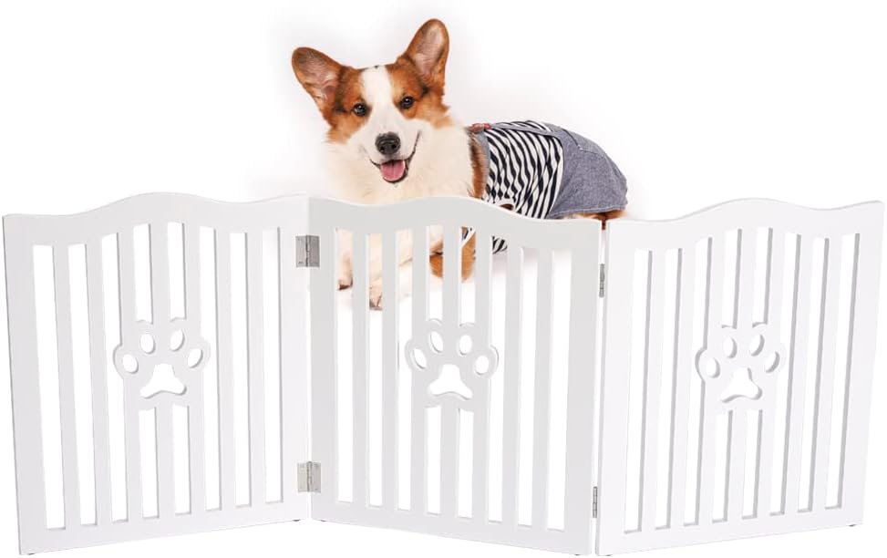 Pet Gate, Wooden Free Standing Dog Gate for Small Dogs and Cats. Great Folding Fence for Doorways, Halls, Stairs. White