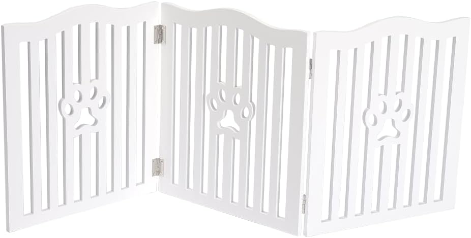 Pet Gate, Wooden Free Standing Dog Gate for Small Dogs and Cats. Great Folding Fence for Doorways, Halls, Stairs. White