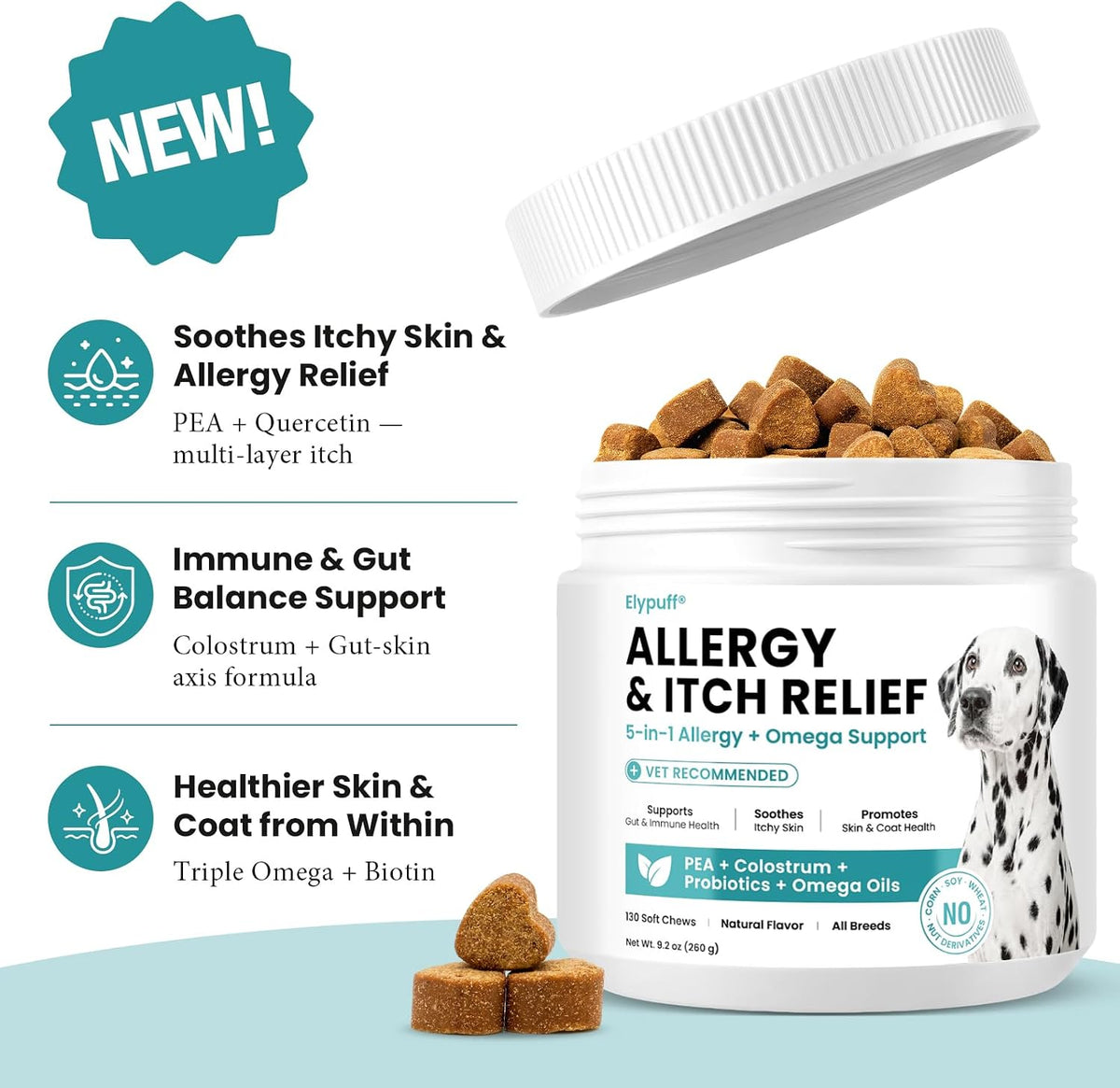 Dog Allergy Chews 130ct - Itch Relief Dog Allergy and Itching Skin Relief Anti Itch Aller Immune Bites for Dogs Licking Paws Treatment - Probiotics Vitamins for Itchy Skin, Ears & Yeast,Chicken Flavor