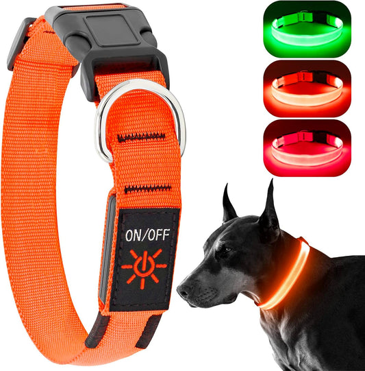 Light Up Dog Collar, Rechargeable USB Collar, Waterproof, Luminous LED Collar, Adjustable, Super Bright, Night Walking for Small Medium Large Dogs, Orange, M