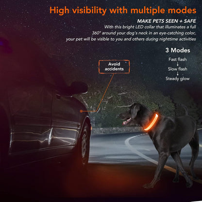 Light Up Dog Collar, Rechargeable USB Collar, Waterproof, Luminous LED Collar, Adjustable, Super Bright, Night Walking for Small Medium Large Dogs, Orange, M