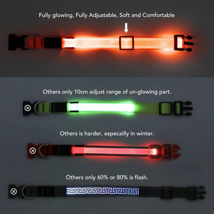 Light Up Dog Collar, Rechargeable USB Collar, Waterproof, Luminous LED Collar, Adjustable, Super Bright, Night Walking for Small Medium Large Dogs, Orange, M