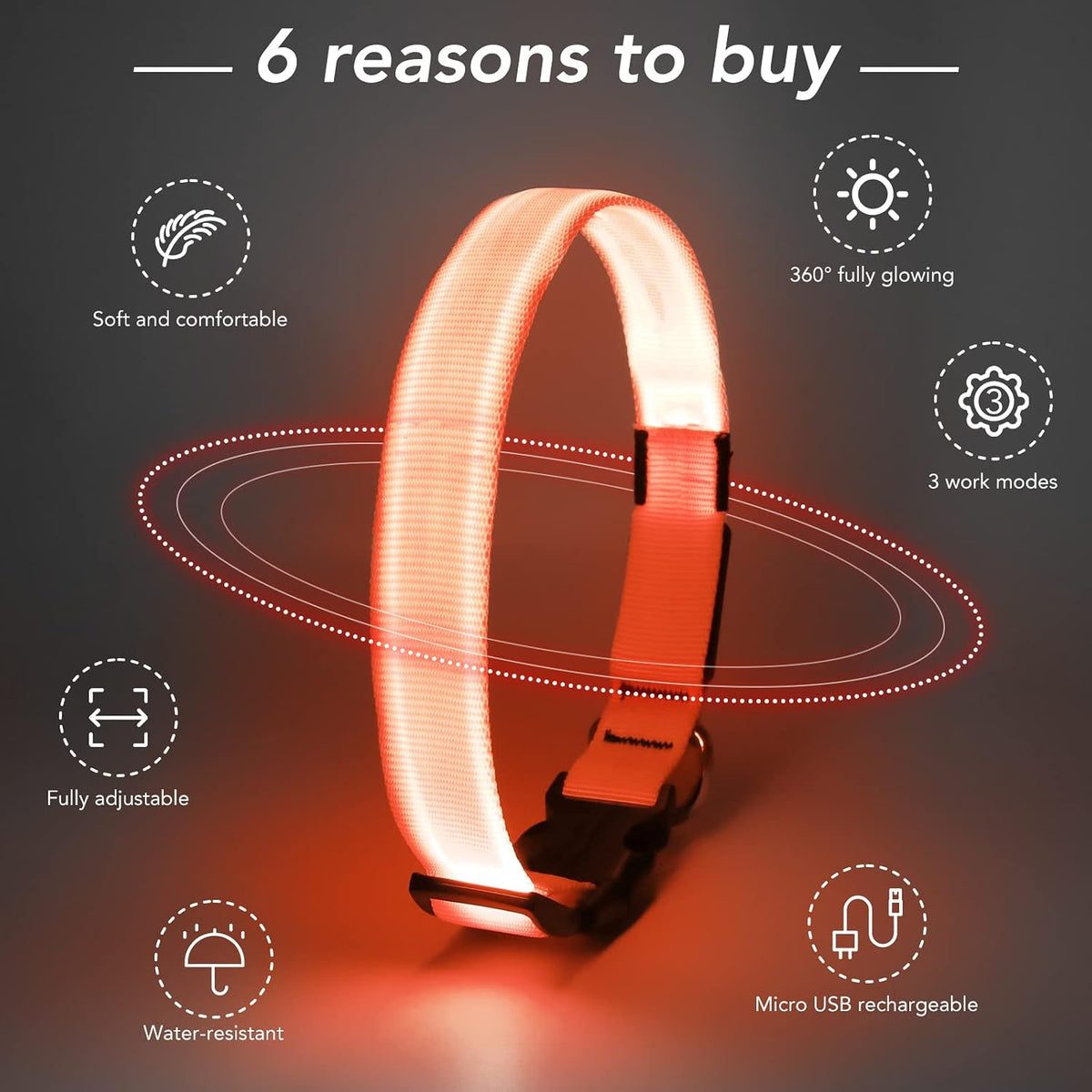 Light Up Dog Collar, Rechargeable USB Collar, Waterproof, Luminous LED Collar, Adjustable, Super Bright, Night Walking for Small Medium Large Dogs, Orange, M