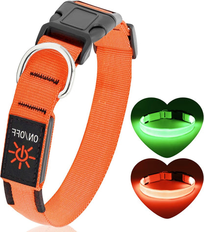 Light Up Dog Collar, Rechargeable USB Collar, Waterproof, Luminous LED Collar, Adjustable, Super Bright, Night Walking for Small Medium Large Dogs, Orange, M