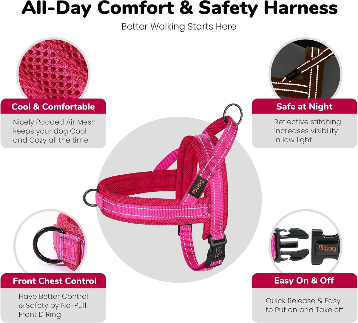 No Pull Dog Harness for Medium Dogs, Breathable Mesh, Hot Pink, M