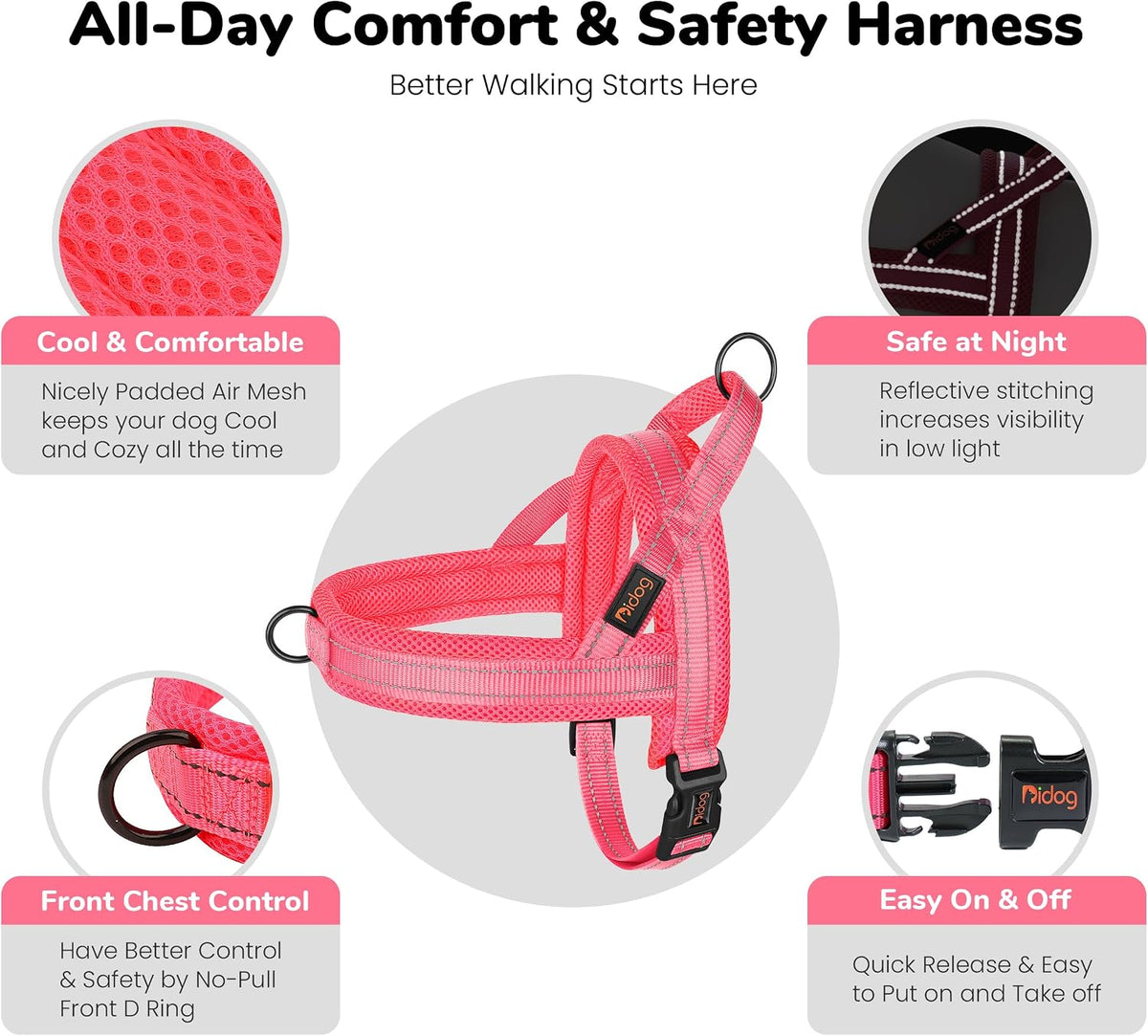 No Pull Dog Harness for Medium Dogs, Breathable Mesh, Hot Pink, M