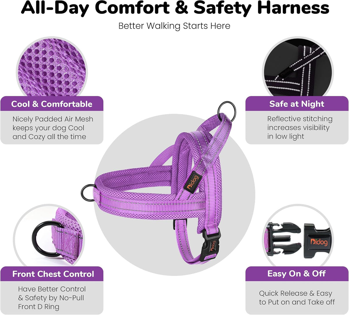 No Pull Dog Harness for Medium Dogs, Breathable Mesh, Hot Pink, M