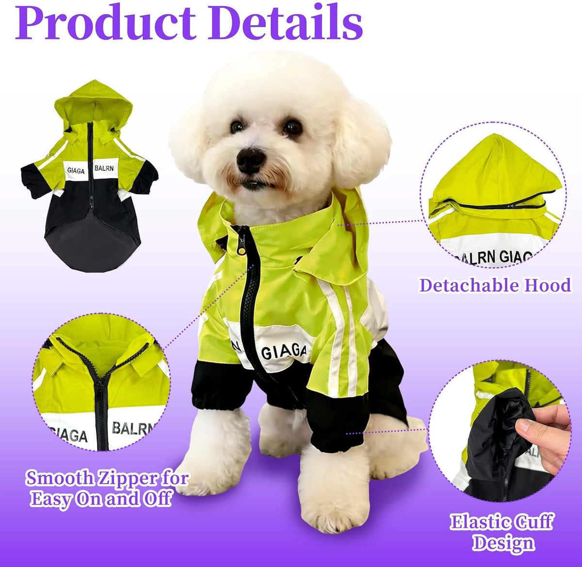 Dog Raincoat, Waterproof Dog Rain Jacket Detachable Hood