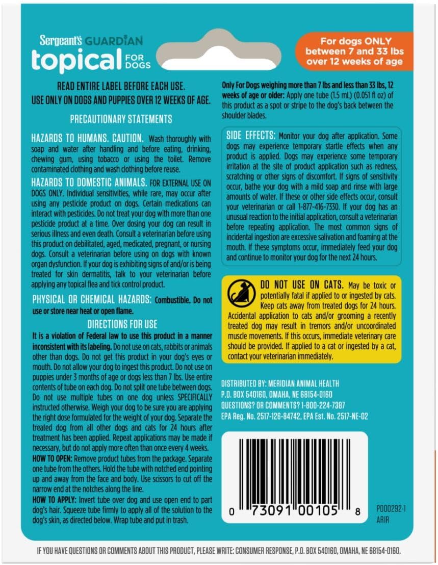 Sergeant's Guardian Flea & Tick Topical Dogs 7-33 lbs, 3-Month