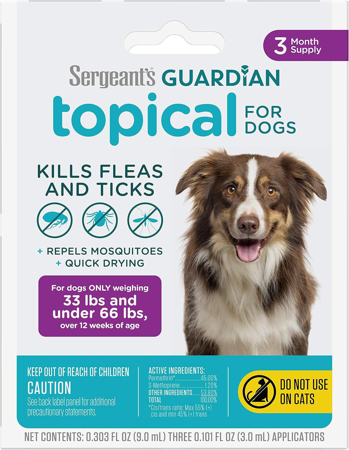 Sergeant's Guardian Flea & Tick Topical Dogs 7-33 lbs, 3-Month