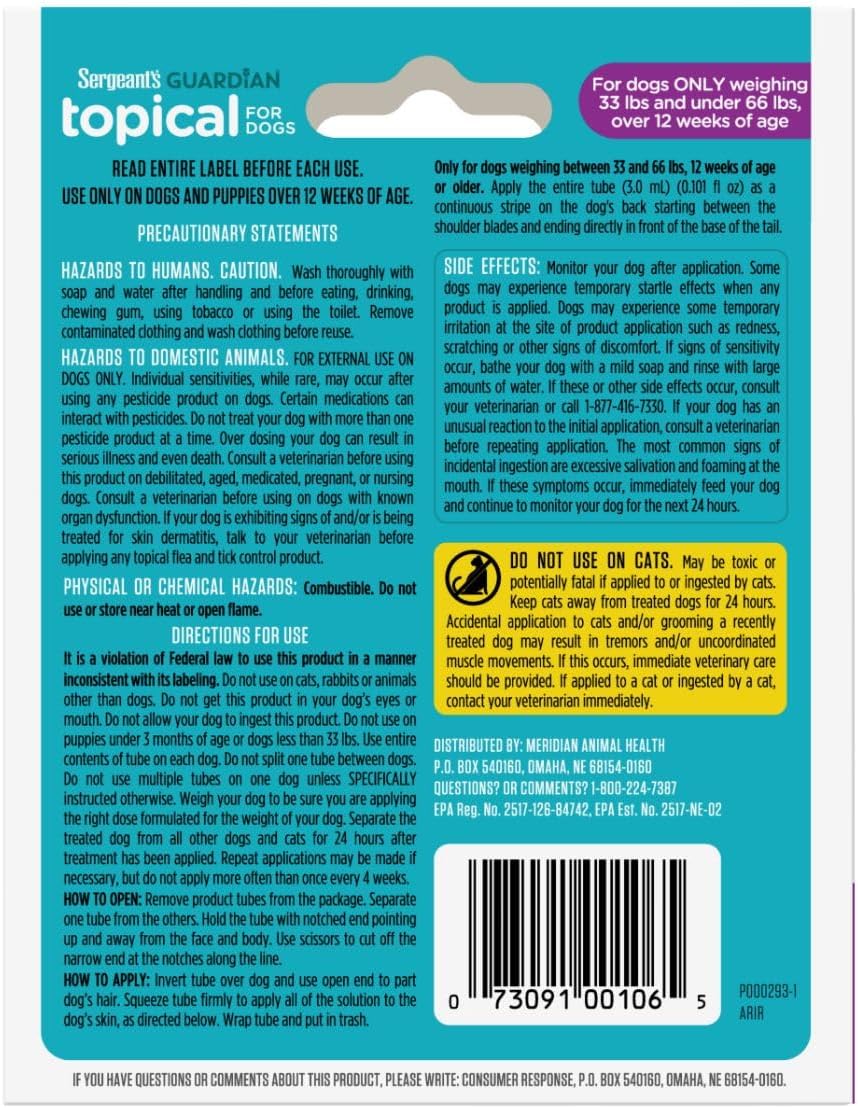 Sergeant's Guardian Flea & Tick Topical Dogs 7-33 lbs, 3-Month