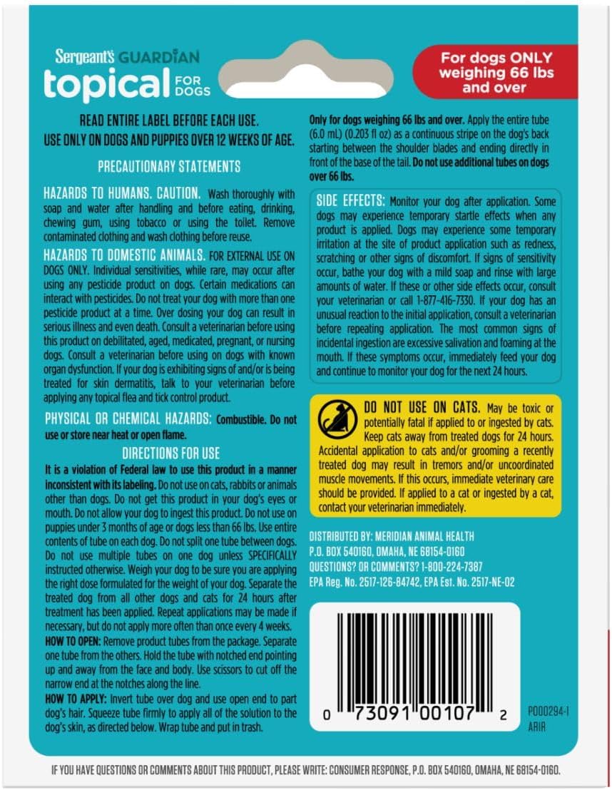 Sergeant's Guardian Flea & Tick Topical Dogs 7-33 lbs, 3-Month
