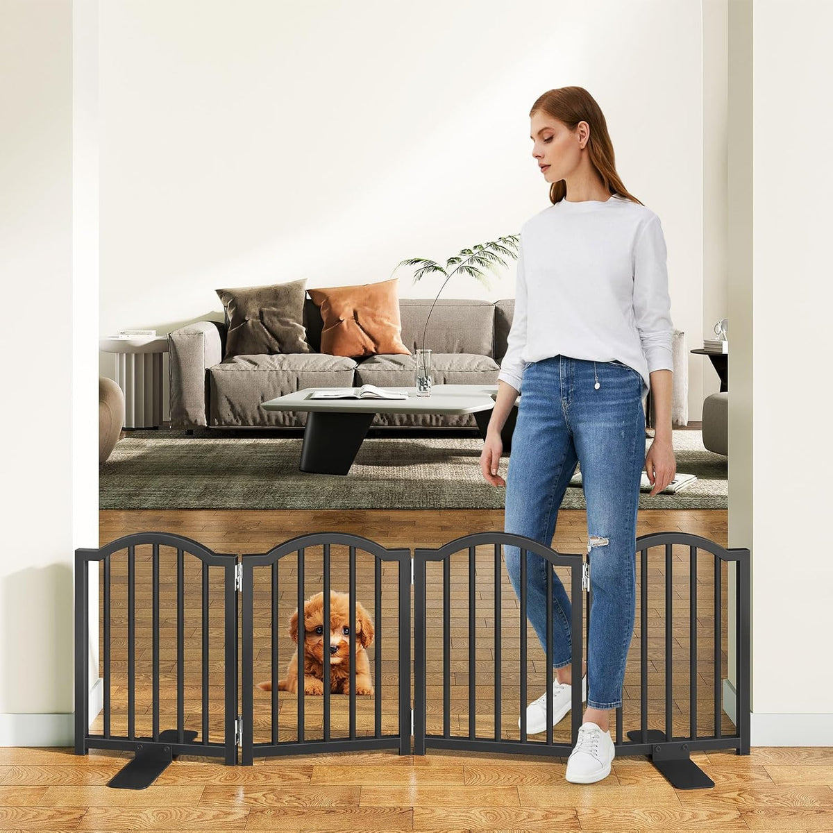 Short Dog Gate Indoor, 16" High Freestanding Small Dog Door Gates with Support Feet, Expands Up to 48’’ Wide Foldable Pet Gate for Doorway, 4 Panel Folding Pet Door Pet Fence for Puppy, White