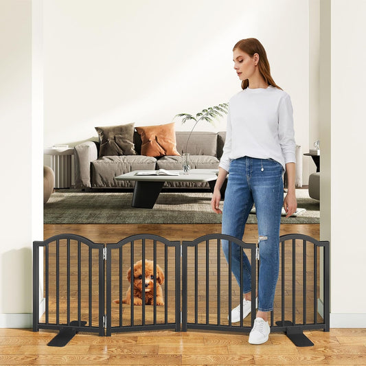 Short Dog Gate Indoor, 16" High Freestanding Small Dog Door Gates with Support Feet, Expands Up to 48’’ Wide Foldable Pet Gate for Doorway, 4 Panel Folding Pet Door Pet Fence for Puppy, White