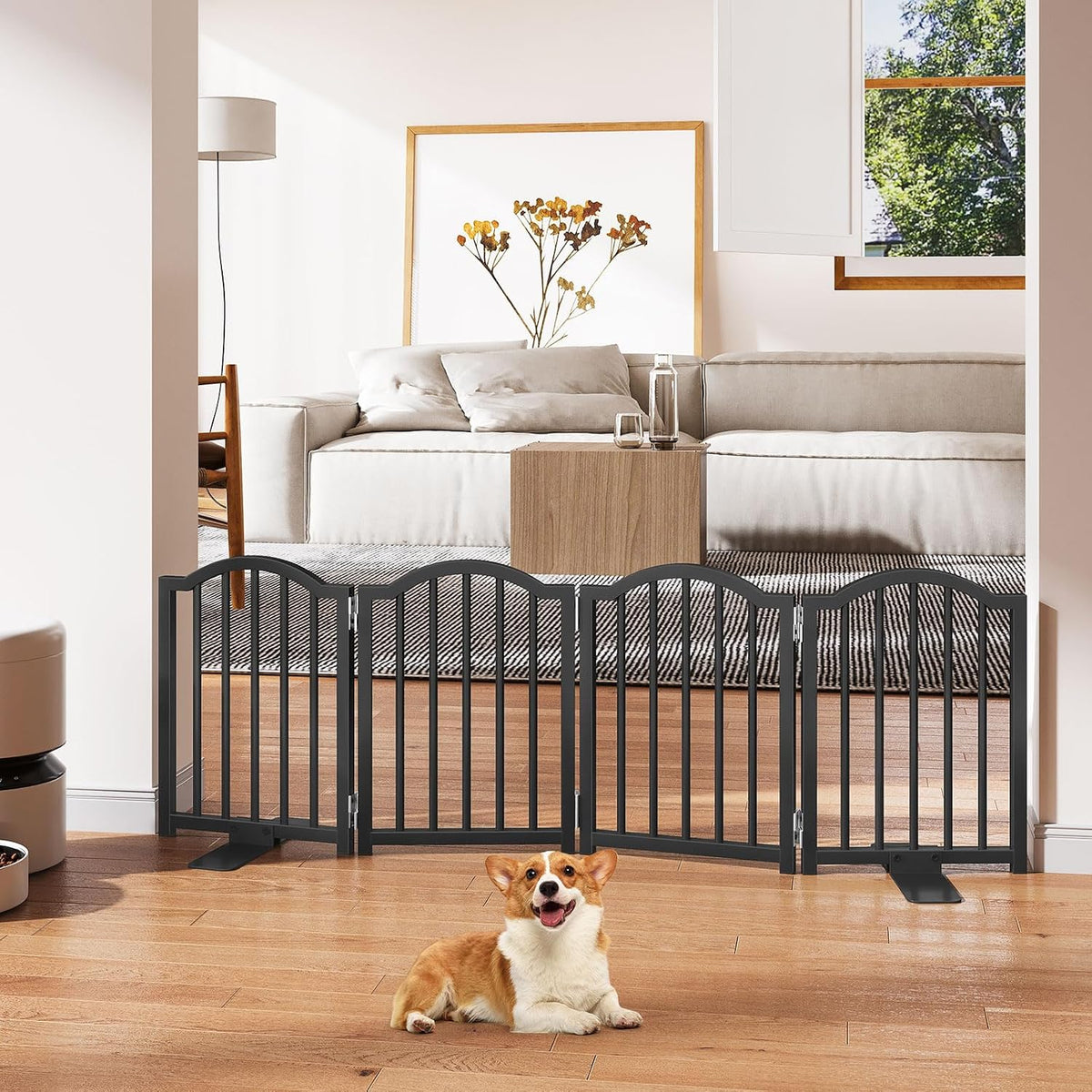 Short Dog Gate Indoor, 16" High Freestanding Small Dog Door Gates with Support Feet, Expands Up to 48’’ Wide Foldable Pet Gate for Doorway, 4 Panel Folding Pet Door Pet Fence for Puppy, White