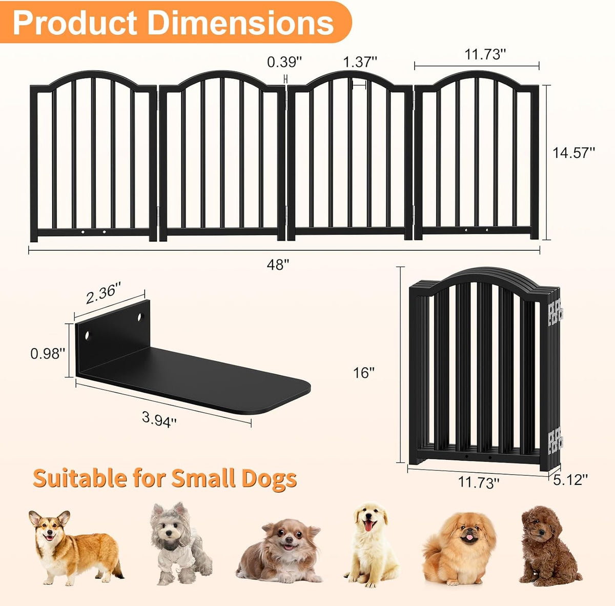 Short Dog Gate Indoor, 16" High Freestanding Small Dog Door Gates with Support Feet, Expands Up to 48’’ Wide Foldable Pet Gate for Doorway, 4 Panel Folding Pet Door Pet Fence for Puppy, White