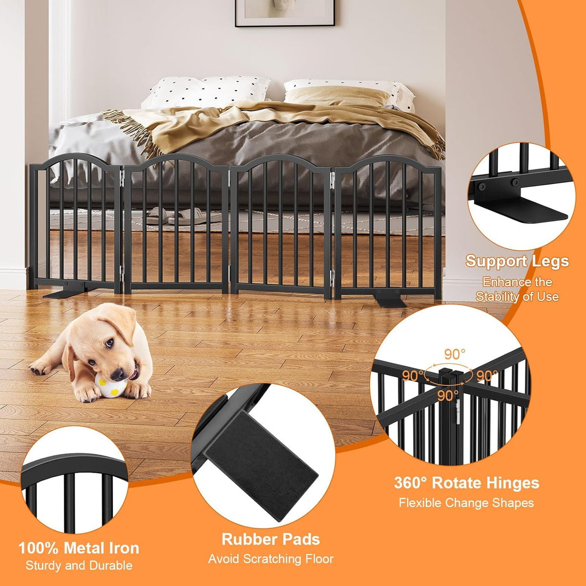 Short Dog Gate Indoor, 16" High Freestanding Small Dog Door Gates with Support Feet, Expands Up to 48’’ Wide Foldable Pet Gate for Doorway, 4 Panel Folding Pet Door Pet Fence for Puppy, White