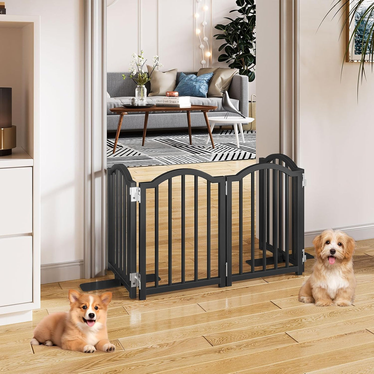Short Dog Gate Indoor, 16" High Freestanding Small Dog Door Gates with Support Feet, Expands Up to 48’’ Wide Foldable Pet Gate for Doorway, 4 Panel Folding Pet Door Pet Fence for Puppy, White