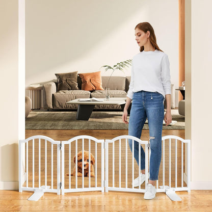 Short Dog Gate Indoor, 16" High Freestanding Small Dog Door Gates with Support Feet, Expands Up to 48’’ Wide Foldable Pet Gate for Doorway, 4 Panel Folding Pet Door Pet Fence for Puppy, White