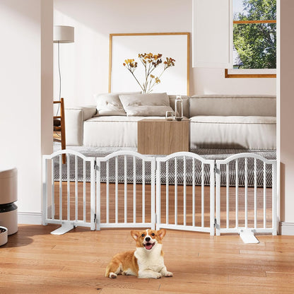Short Dog Gate Indoor, 16" High Freestanding Small Dog Door Gates with Support Feet, Expands Up to 48’’ Wide Foldable Pet Gate for Doorway, 4 Panel Folding Pet Door Pet Fence for Puppy, White