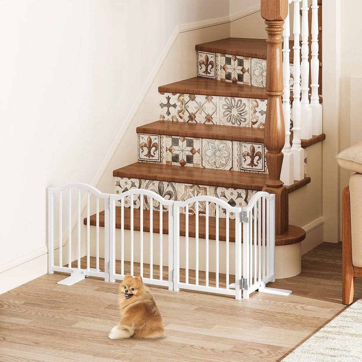 Short Dog Gate Indoor, 16" High Freestanding Small Dog Door Gates with Support Feet, Expands Up to 48’’ Wide Foldable Pet Gate for Doorway, 4 Panel Folding Pet Door Pet Fence for Puppy, White