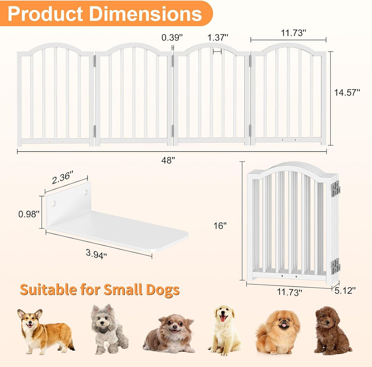 Short Dog Gate Indoor, 16" High Freestanding Small Dog Door Gates with Support Feet, Expands Up to 48’’ Wide Foldable Pet Gate for Doorway, 4 Panel Folding Pet Door Pet Fence for Puppy, White