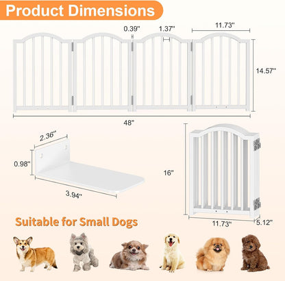 Short Dog Gate Indoor, 16" High Freestanding Small Dog Door Gates with Support Feet, Expands Up to 48’’ Wide Foldable Pet Gate for Doorway, 4 Panel Folding Pet Door Pet Fence for Puppy, White